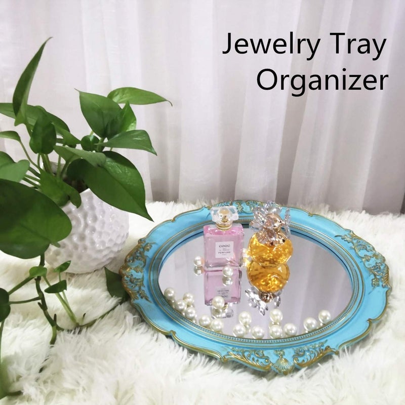 Yamfurga Decorative Mirrors Tray, Hanging Wall Mirror, Vintage Multi-Functional Display Tray, Jewelry Trays, Vanity Trays, Serving Trays,13" W x 15" L, Golden Blue - Image 3